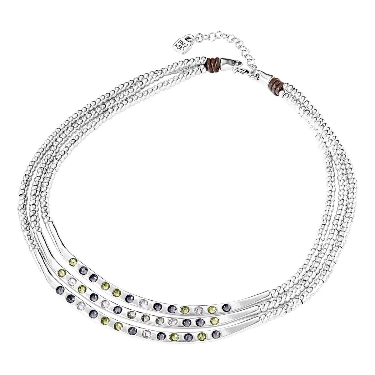 uno de 50 triple blueberries metal necklace in leather clad with silver and swarovski� elements