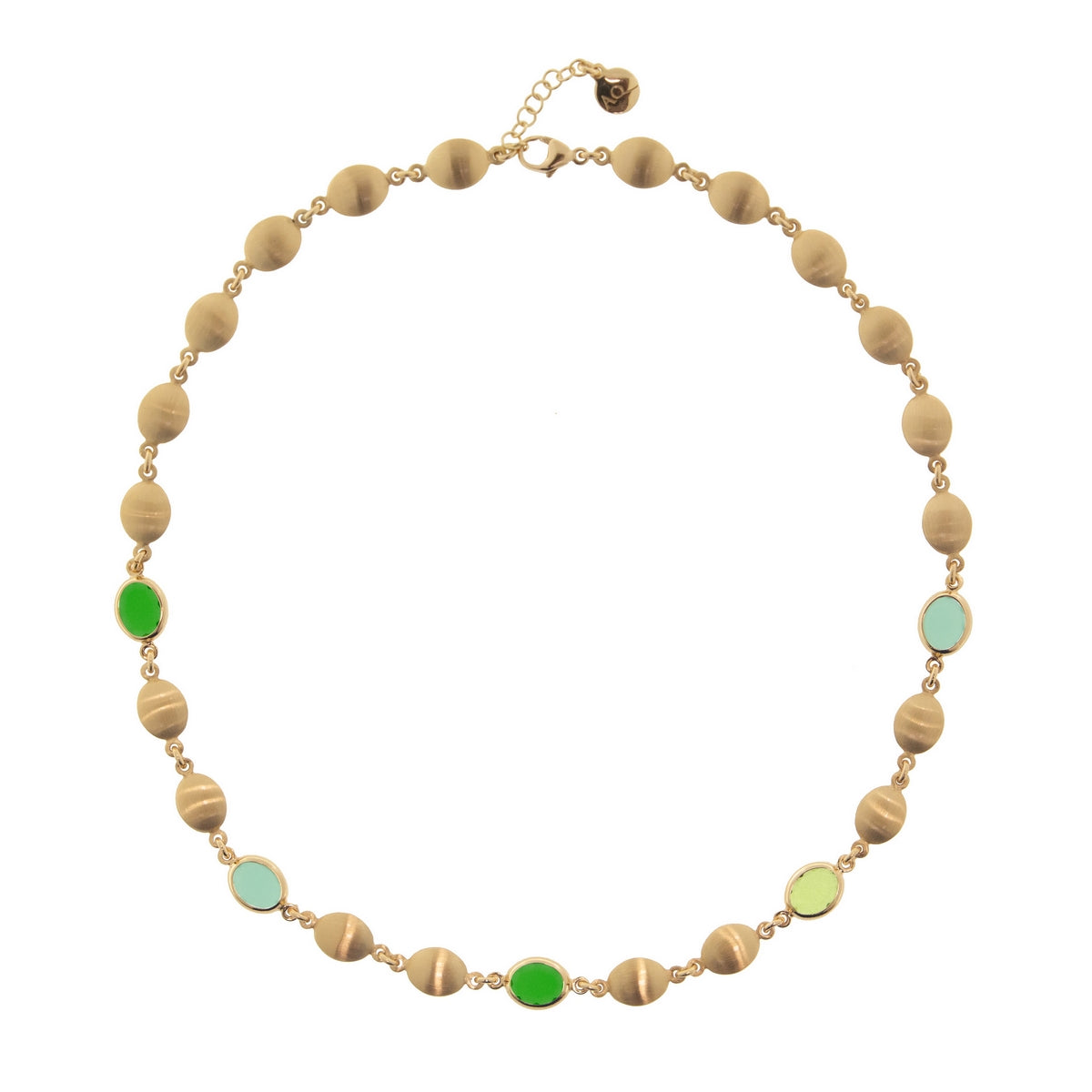 aquaforte mignon necklace with satin oval elements and green tones faceted venitian glass