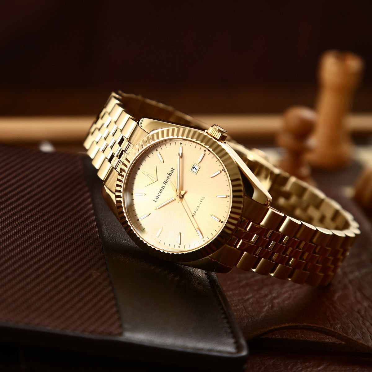 lucien rochat ladies quartz gold plated champagne dial bracelet watch