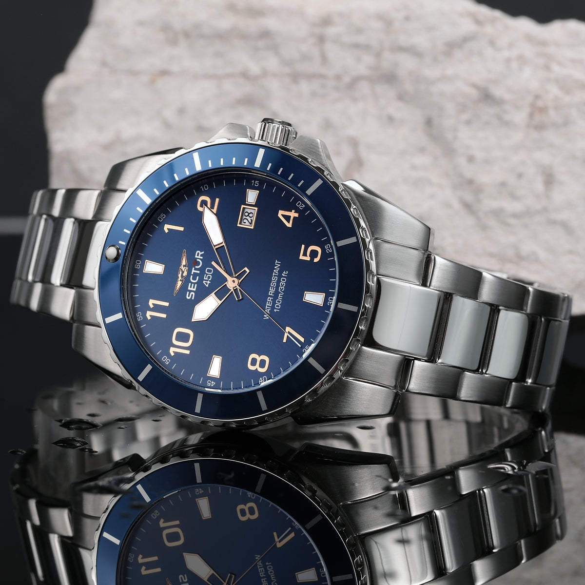 sector 450 43mm 3 hand blue dial bracelet watch