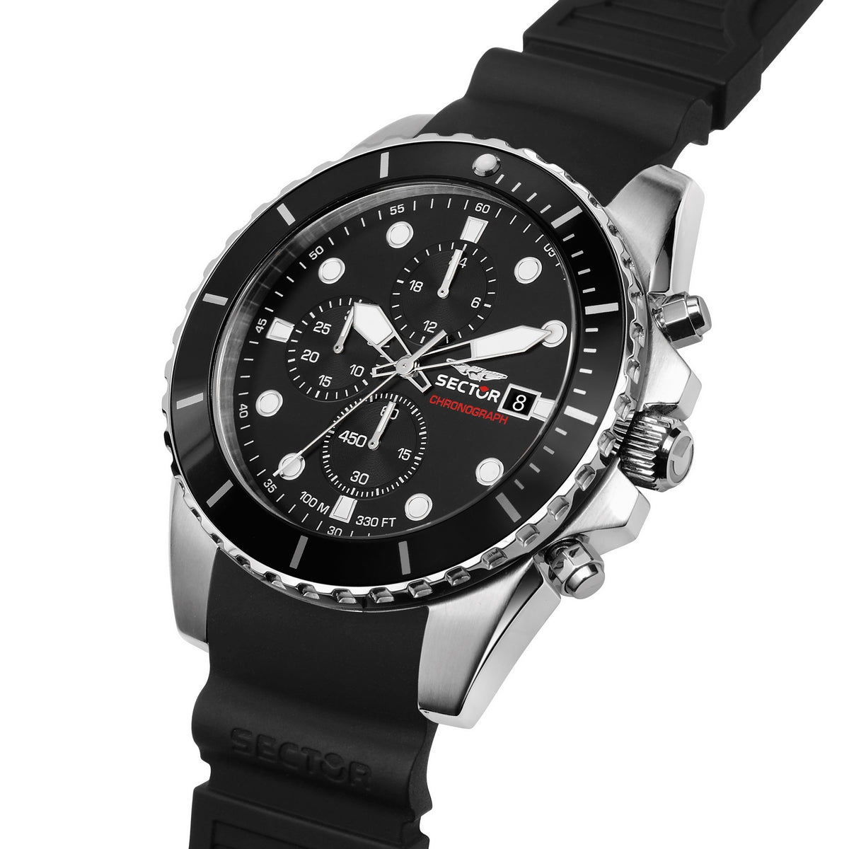 sector 450 43mm chronograph black dial black silicone strap watch