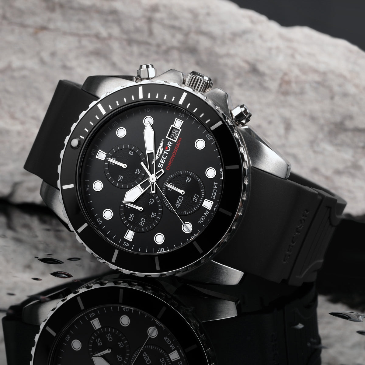 sector 450 43mm chronograph black dial black silicone strap watch