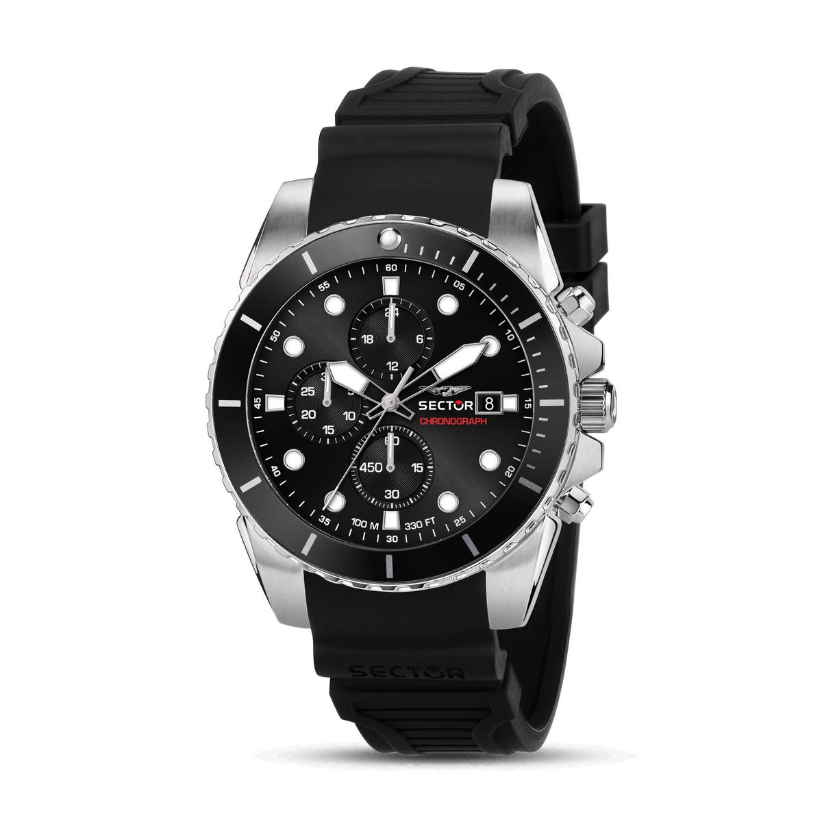sector 450 43mm chronograph black dial black silicone strap watch