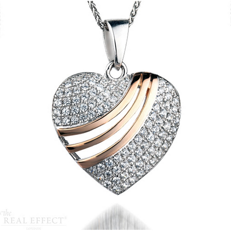 pave set, heart design pendant with tripple rose gold break.