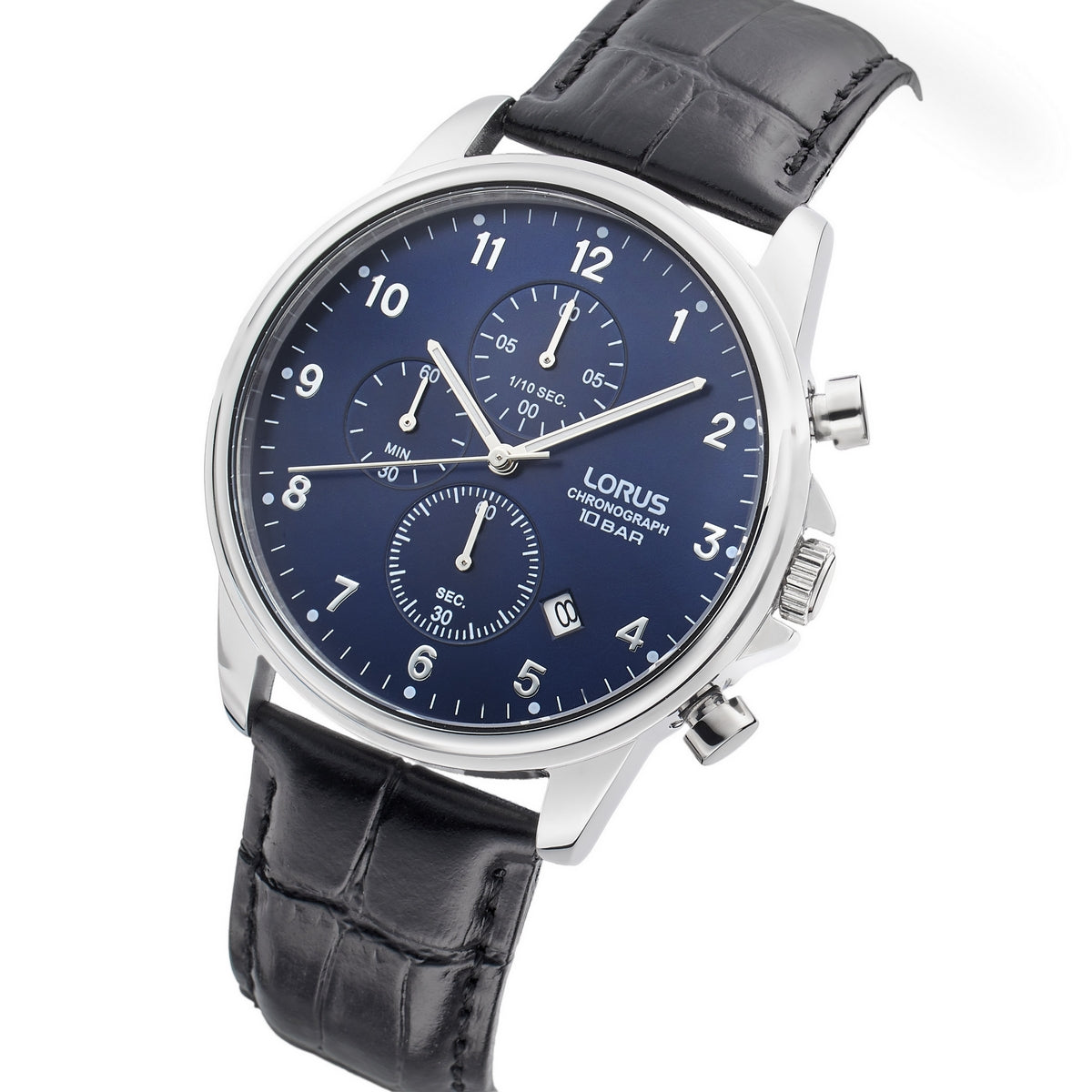 lorus chronograph gents stainless steel blue dial strap watch