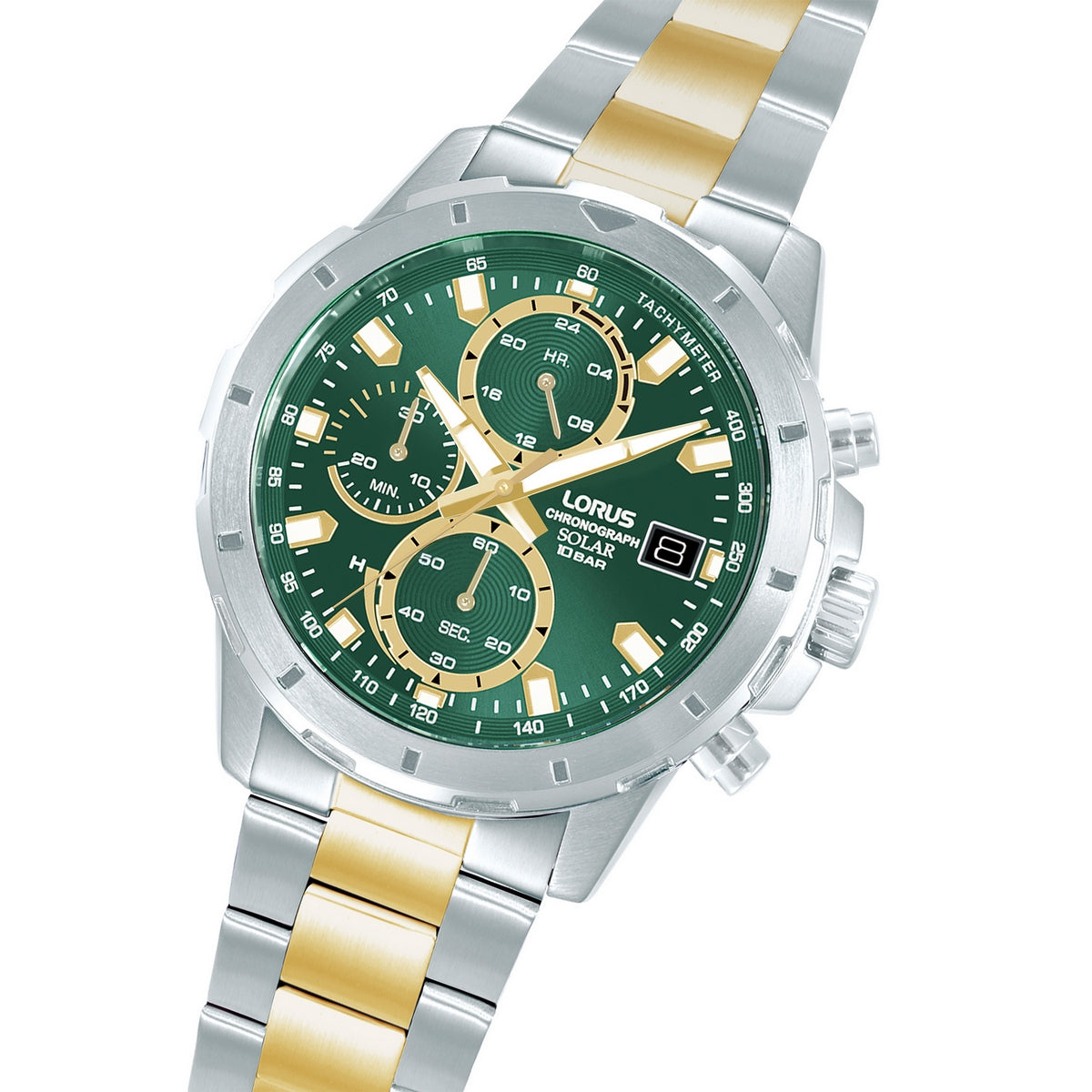 lorus solar chronograph gents two tone green dial bracelet watch
