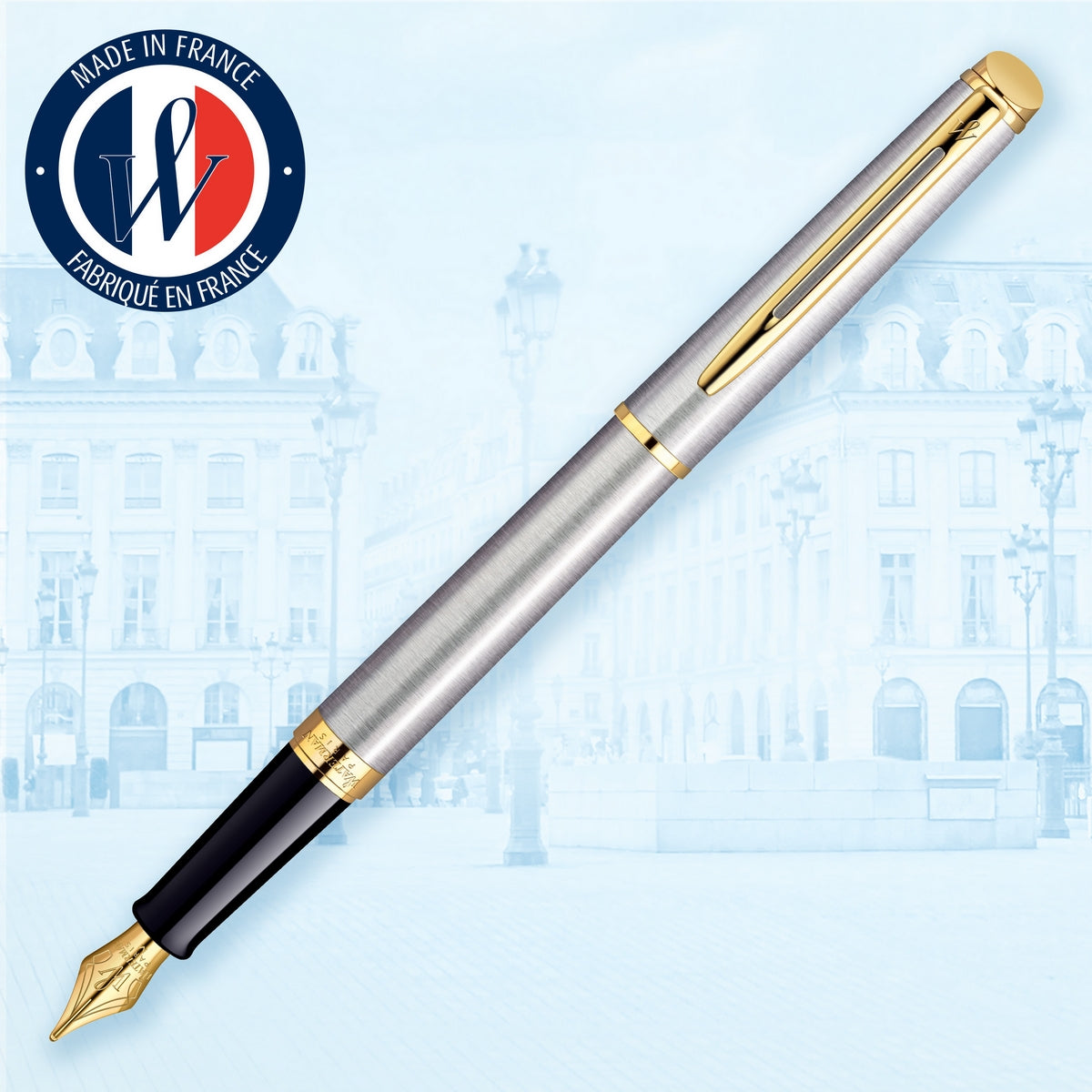 waterman - h�misph�re- fountain pen stainless steel with gold trim, medium