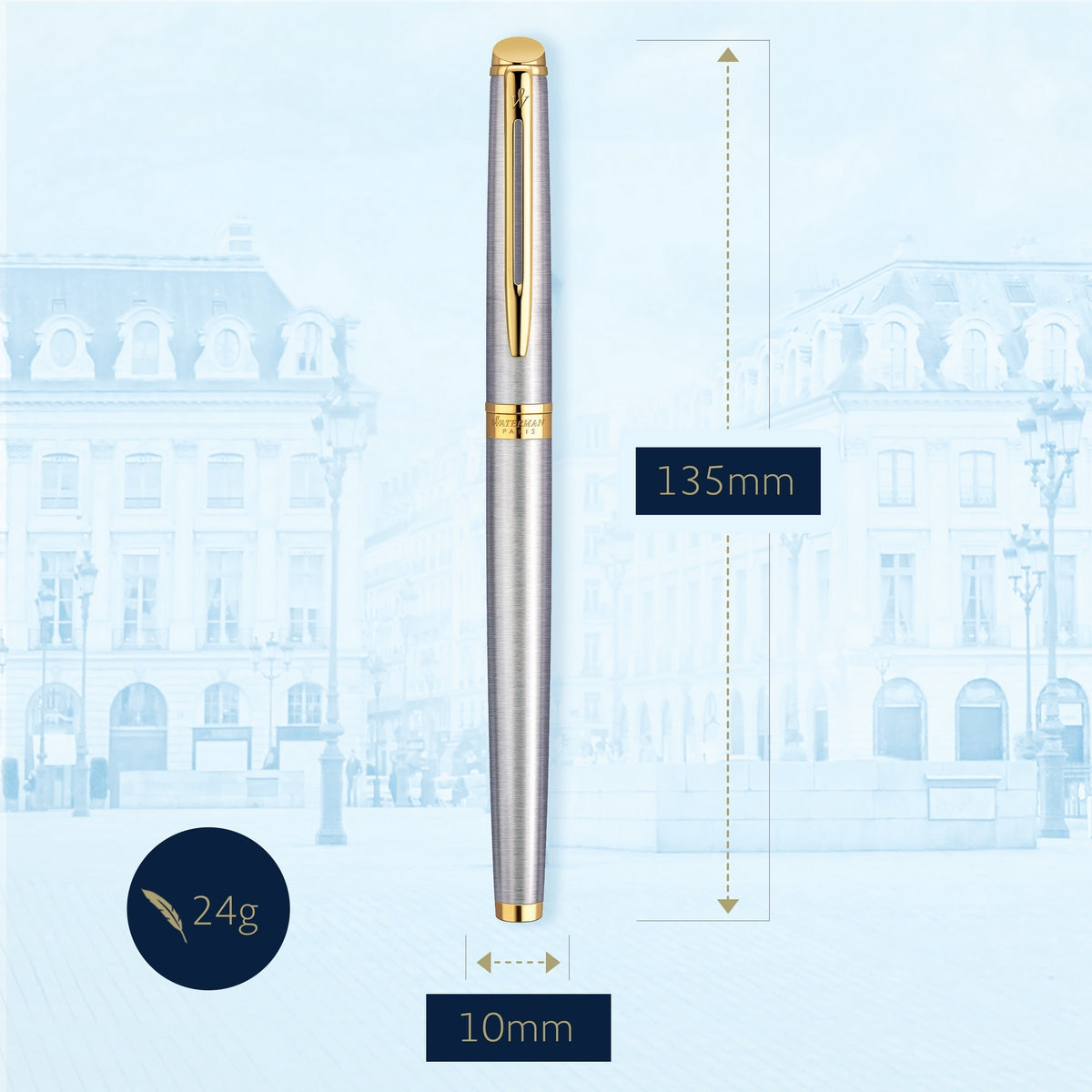 waterman - h�misph�re- fountain pen stainless steel with gold trim, medium