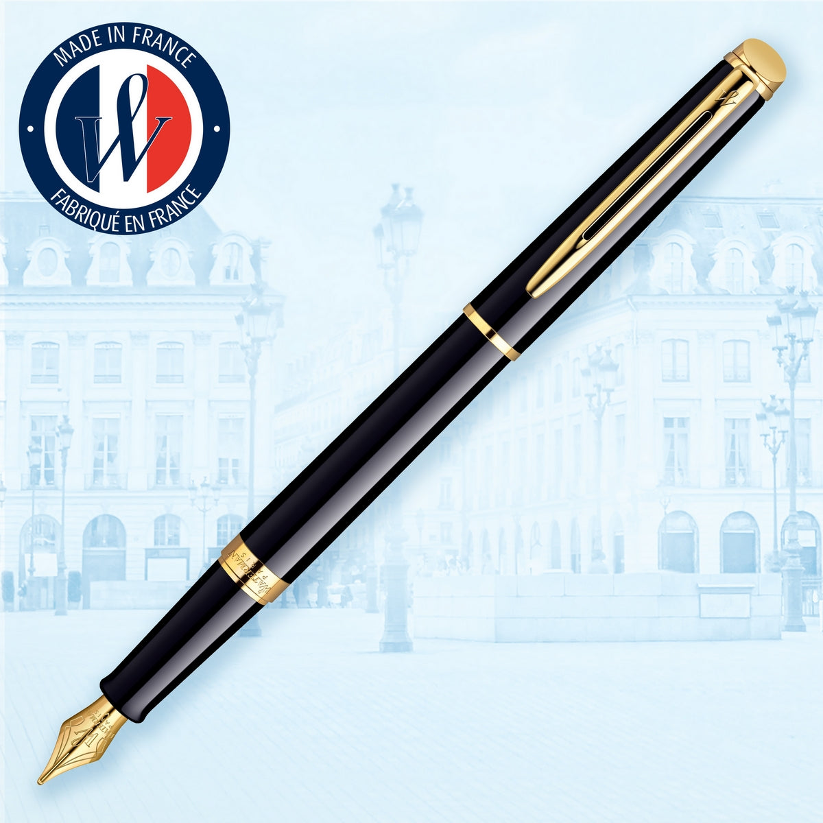 waterman - h�misph�re- fountain pen black lacquer with gold trim, medium