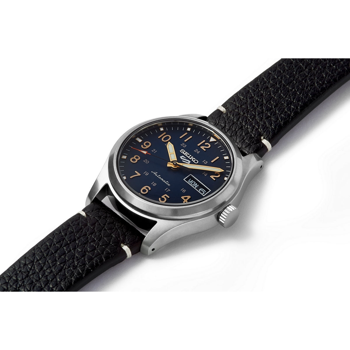 seiko seiko 5 sports field watch automatic navy dial, 39.4mm, 10bar, calf strap watch
