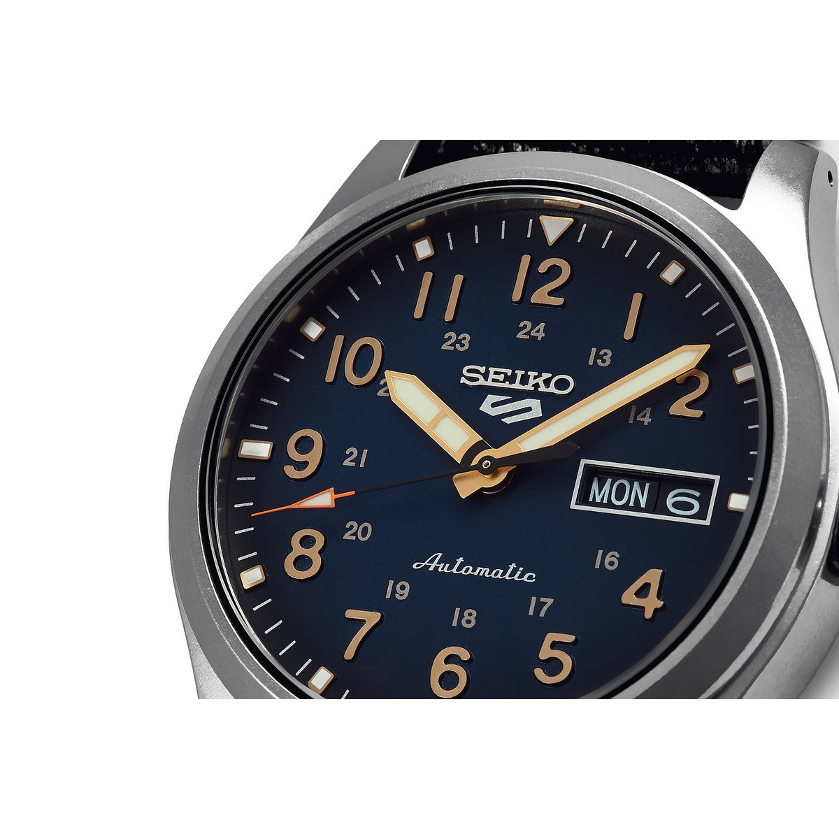 seiko seiko 5 sports field watch automatic navy dial, 39.4mm, 10bar, calf strap watch
