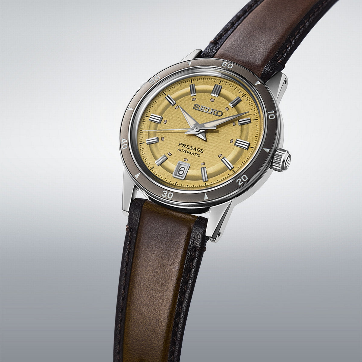 seiko presage style 60s in golden yellow strap watch