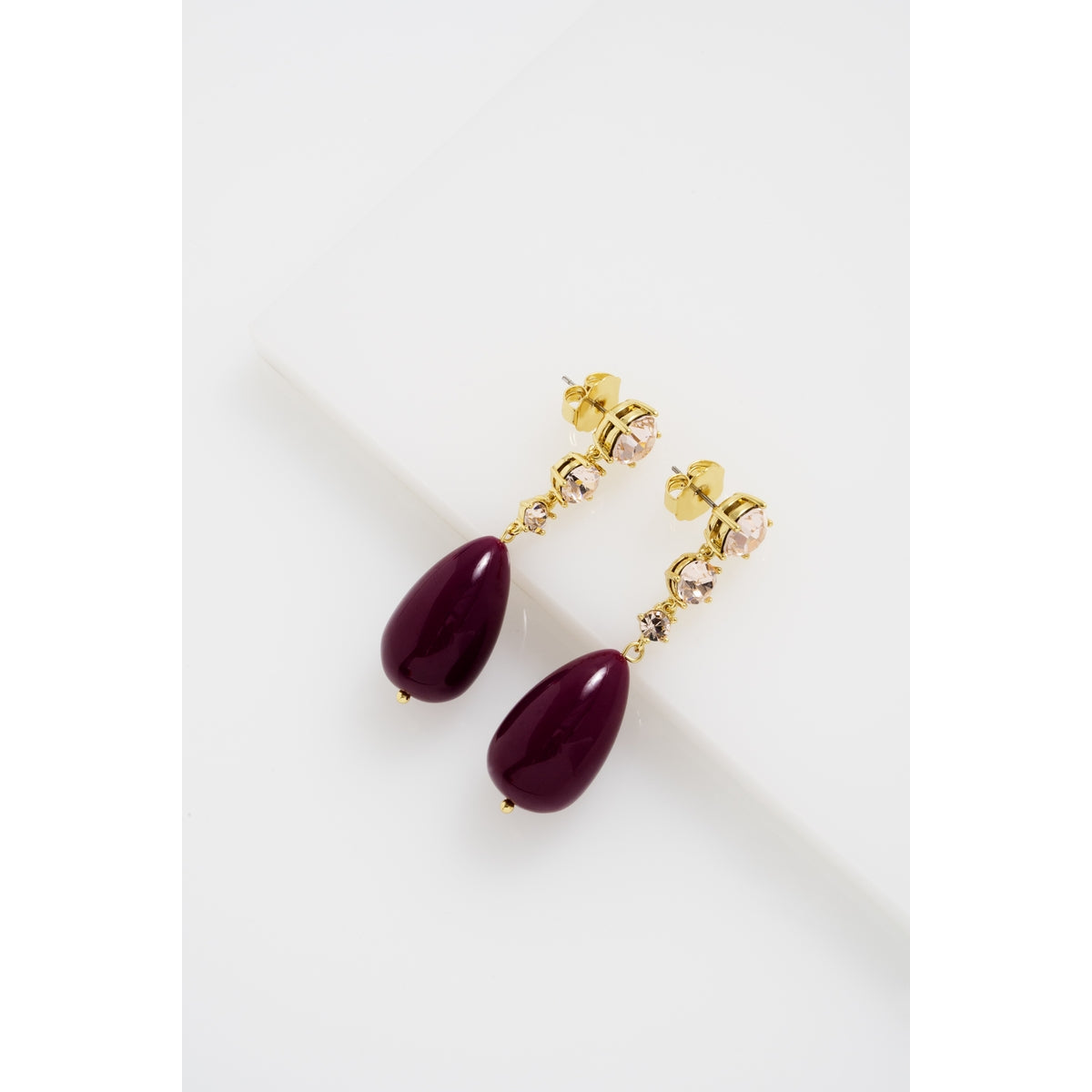 pearsti: statement crystal bead drop earrings gold tone plum golden crystal