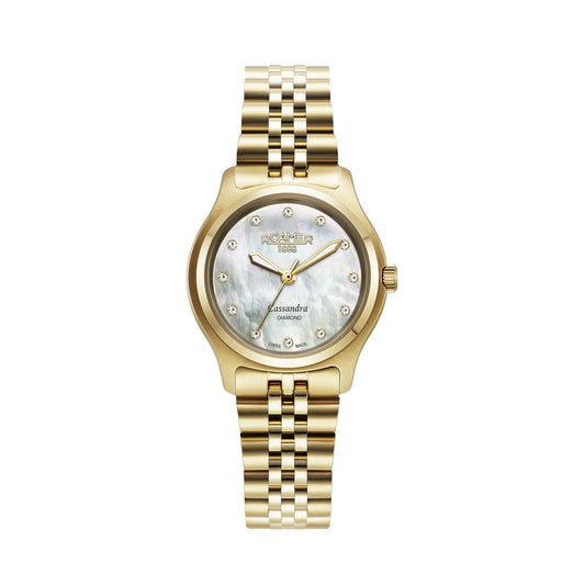 roamer cassandra diamond 31 mm gold plated quartz watch mop dial