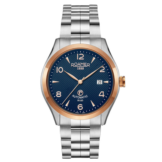 roamer r-100 automatic gents two tone blue dial stainless steel bracelet watch