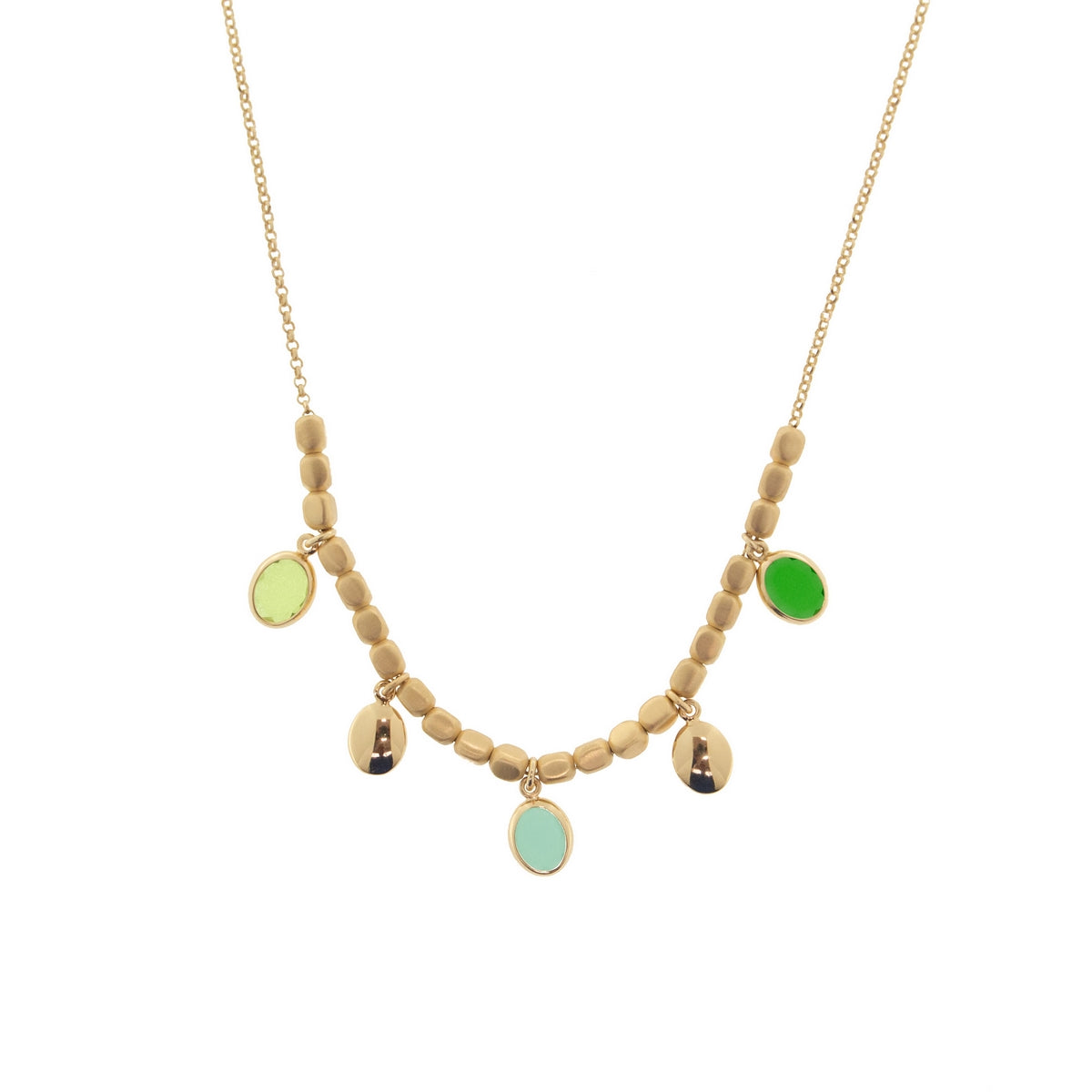 aquaforte mignon chain necklace with multiples dice central segment with satin and polished oval elements and charms with green tones  faceted venitian glass