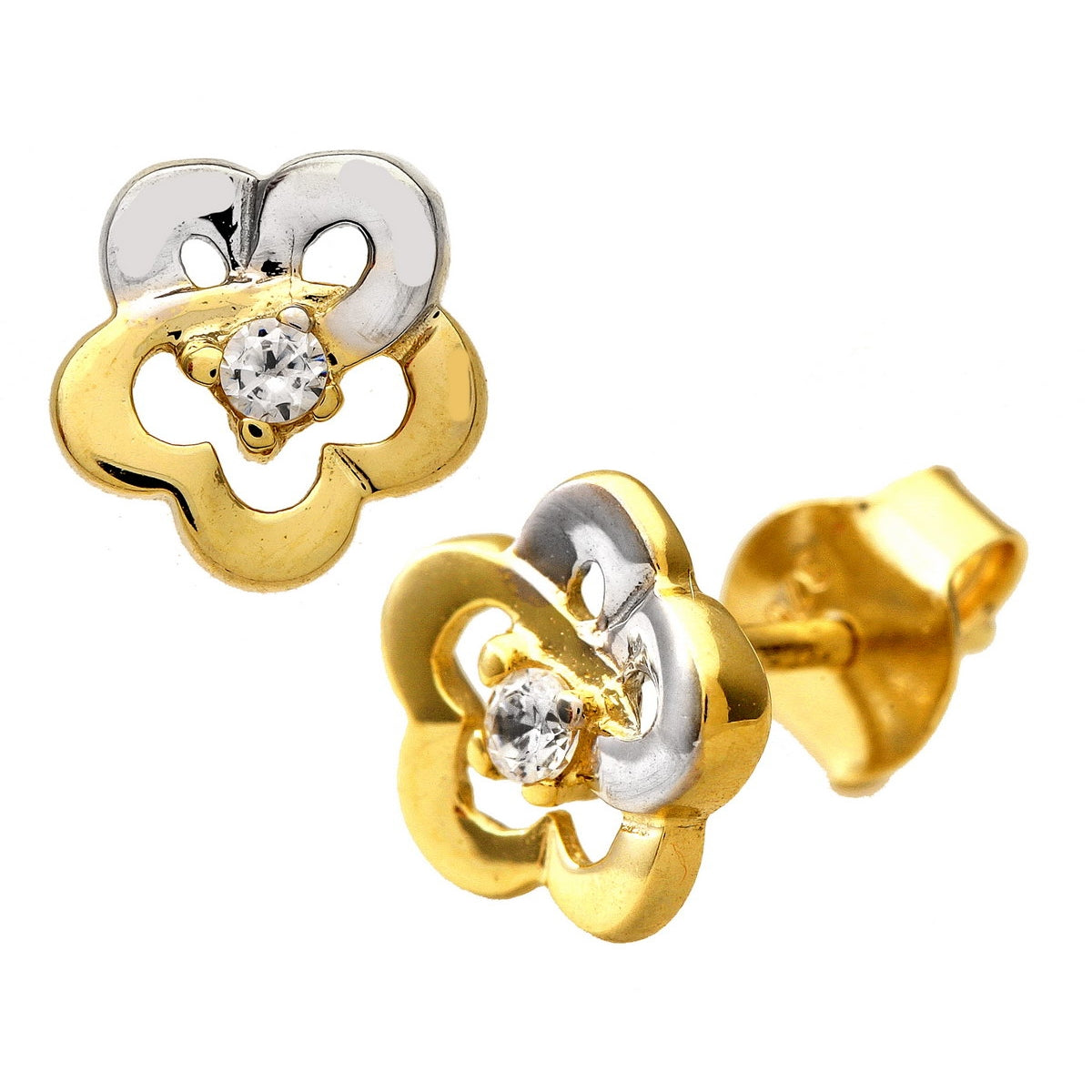9ct gold (375) yellow and white gold earring post and butterfly with cubic zirconia