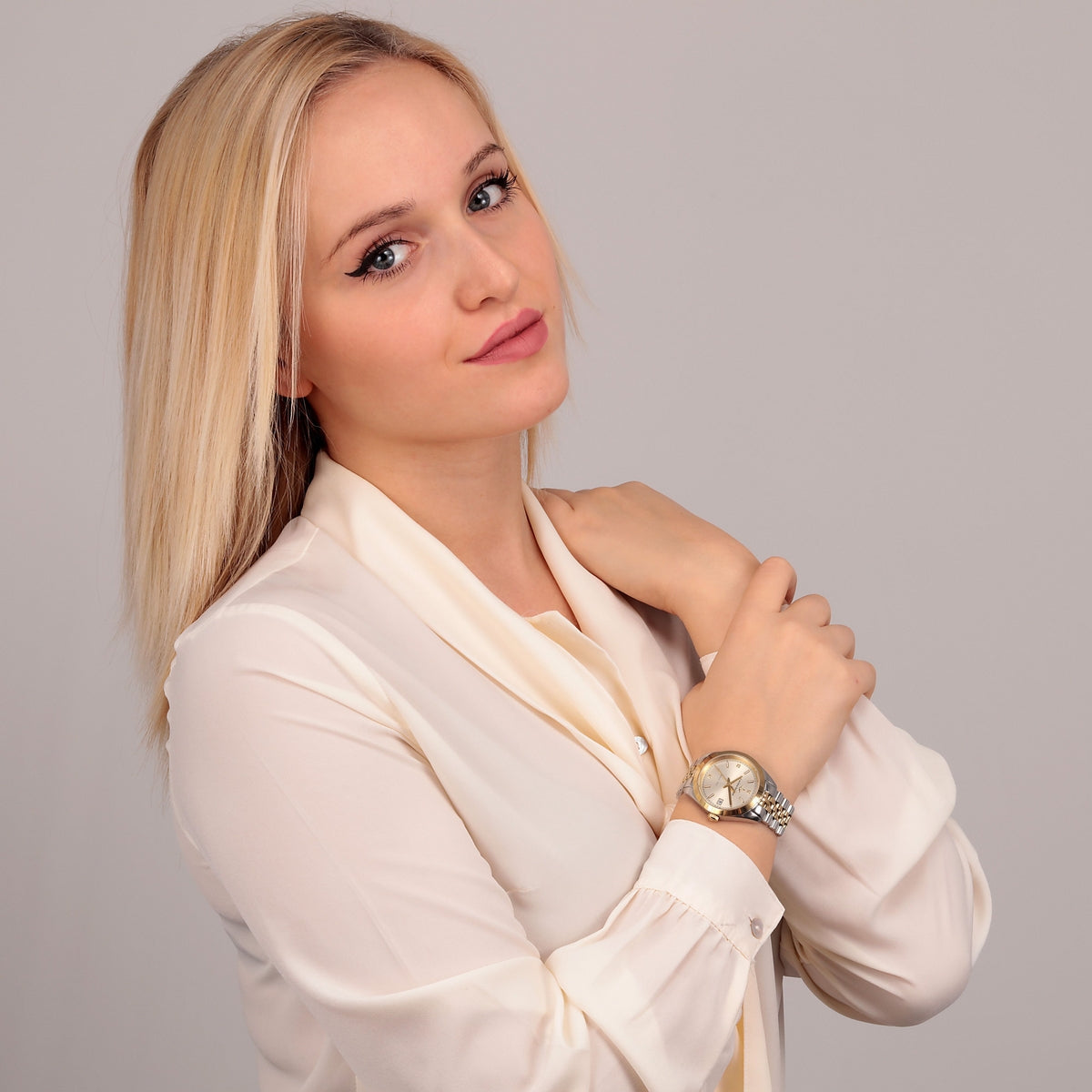 lucien rochat ladies quartz two tone white dial bracelet watch
