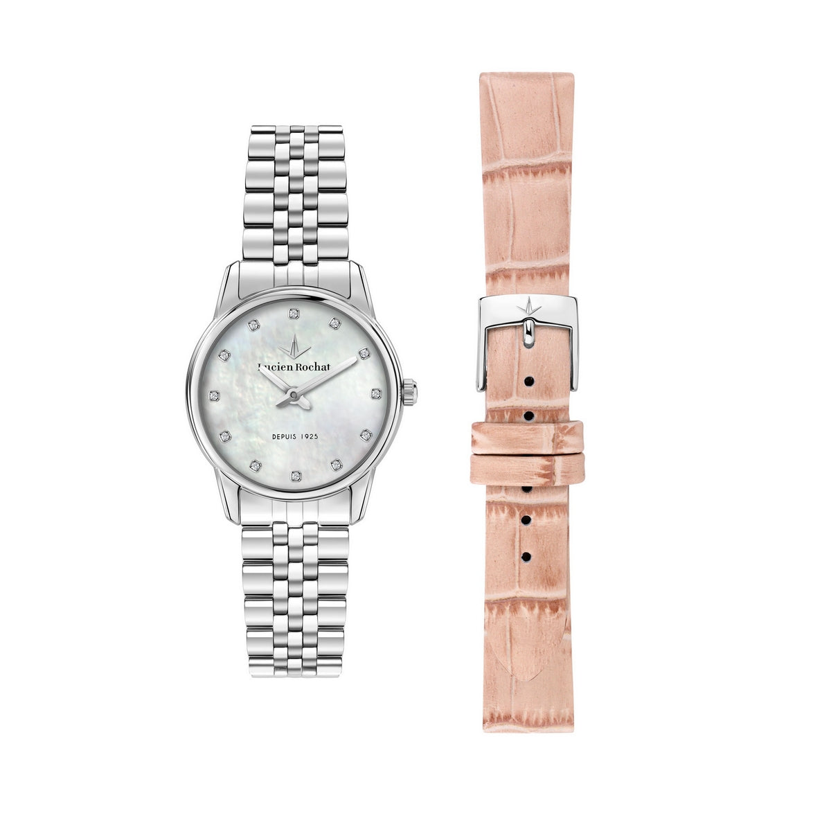 lucien rochat boxed set ladies quartz stainless stee lmop dial bracelet watch & pink strap