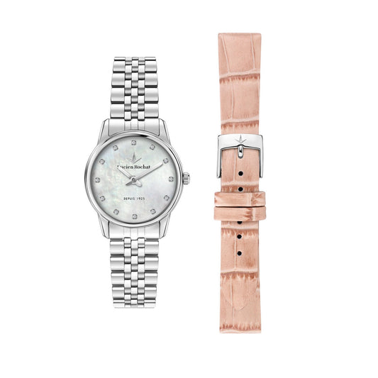 lucien rochat gift set ladies quartz stainless steel mop dial bracelet watch & pink strap
