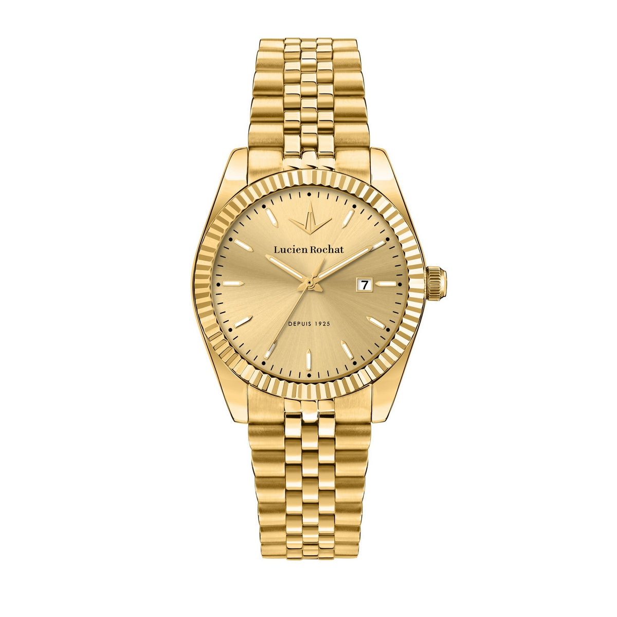 lucien rochat ladies quartz gold plated champagne dial bracelet watch