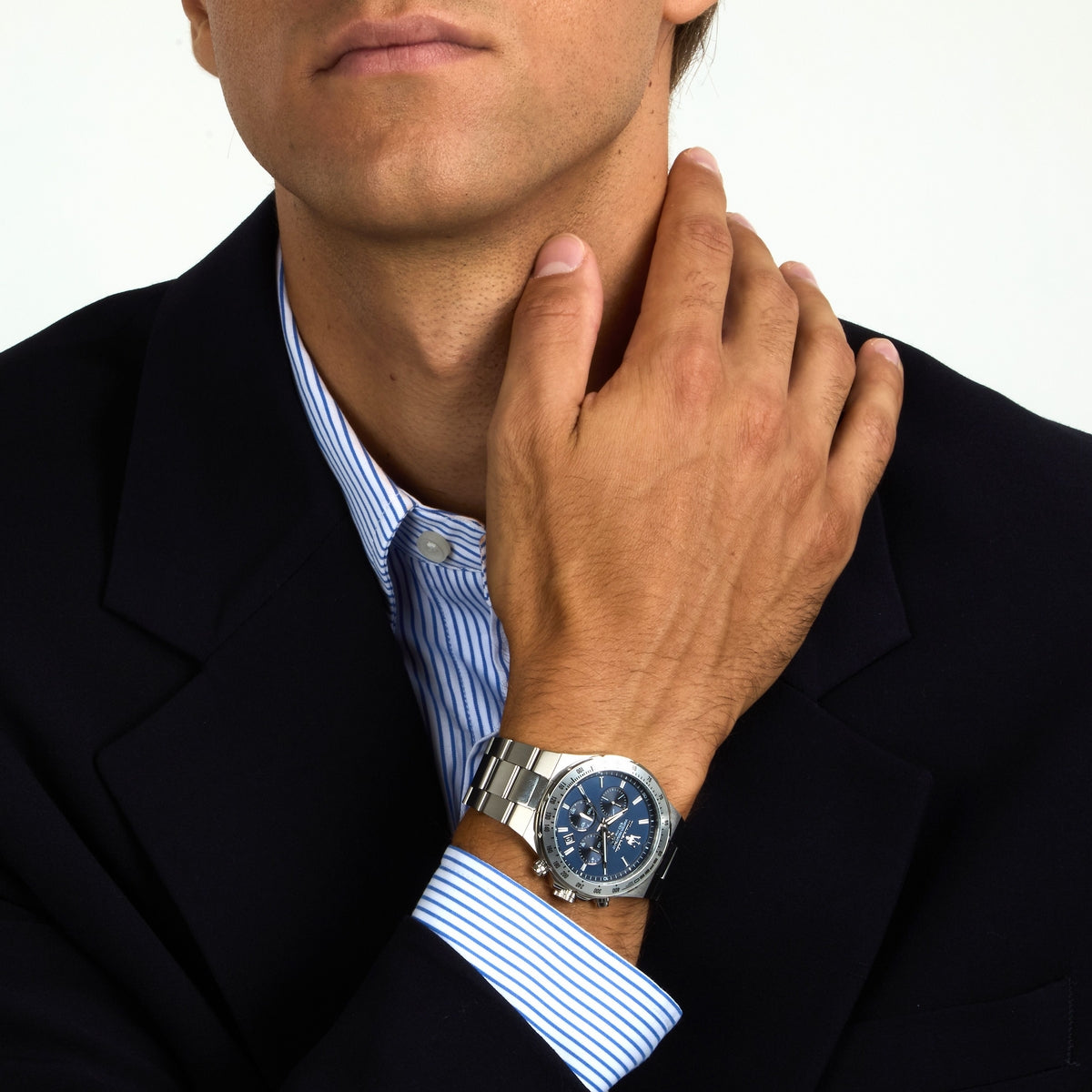 maserati sfida 41mm chronograph blue dial stainless steel bracelet