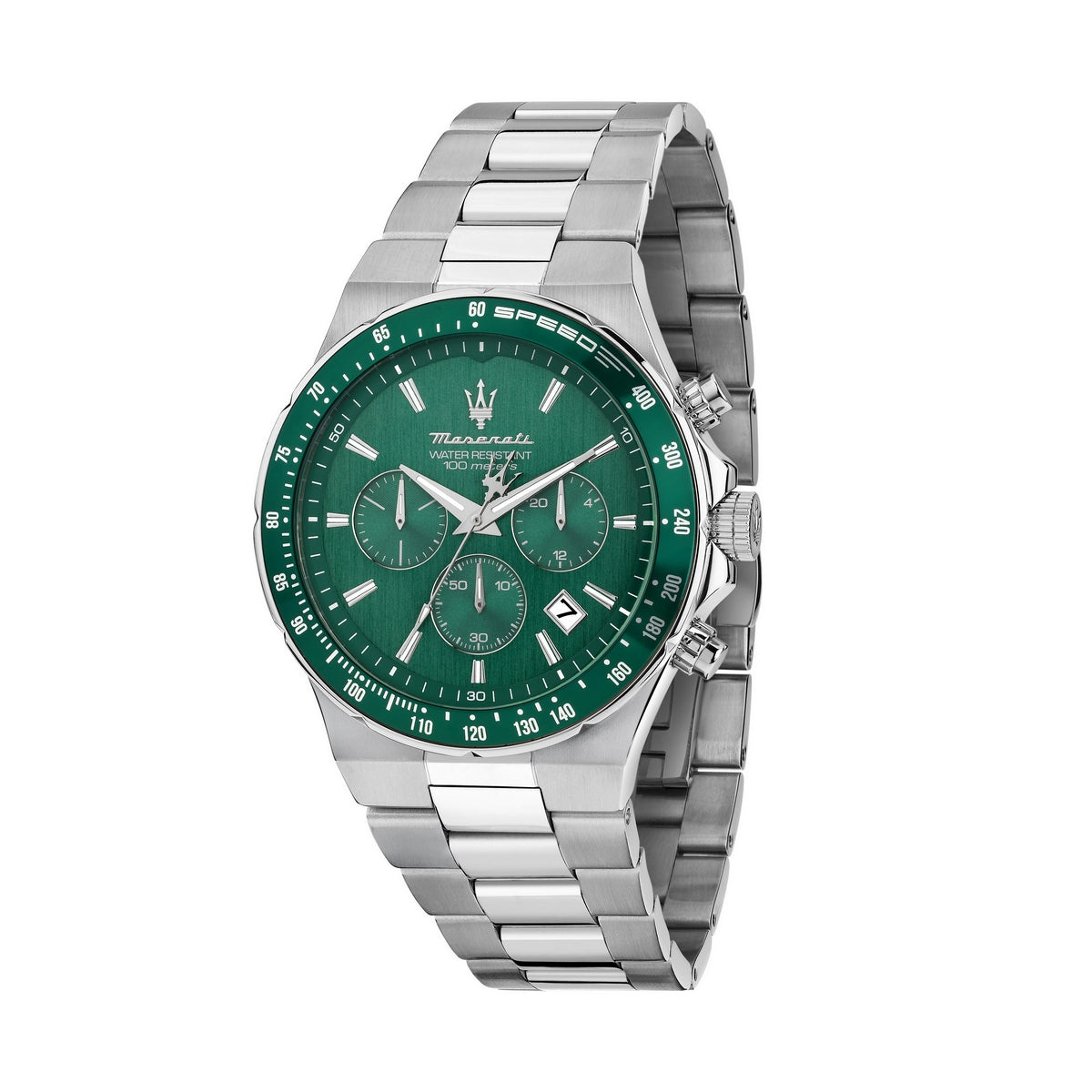 maserati sfida 41mm chronograph emerald dial stainless steel bracelet