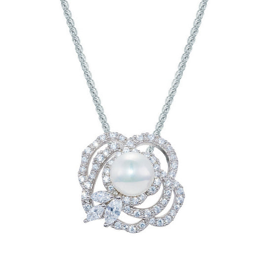 pendant  stoneset outline of a flower with a pearl in the centre