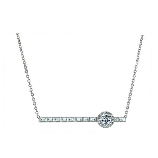 real effect necklace with horizontal line set bagettes and a stone set movable circle on that