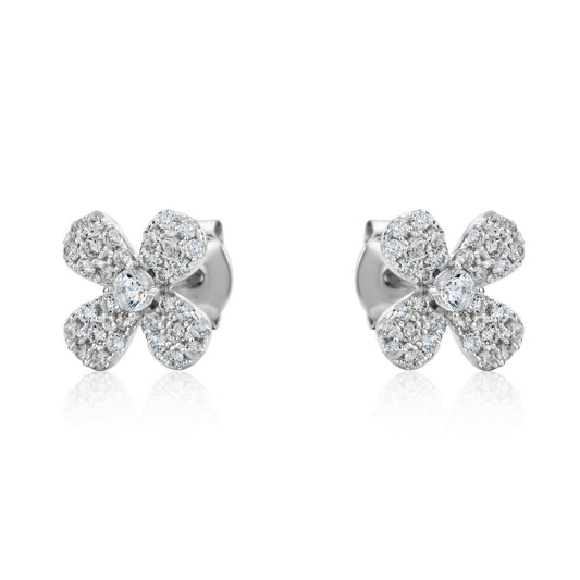 fully stone set floral stud earrings with claw set cubic zirconia center stone in sterling silver