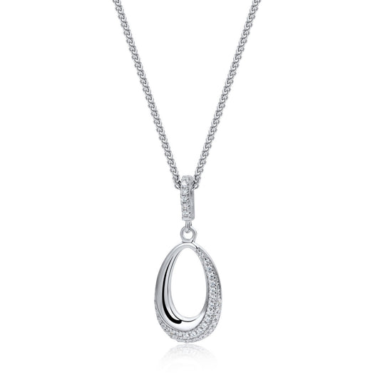 partially stoneset cubic zirconia teardrop outline pendant necklace with stoneset bale in sterling silver