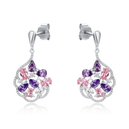 cubic zirconia, amethyst and rose quartz pendant drop earrings in sterling silver
