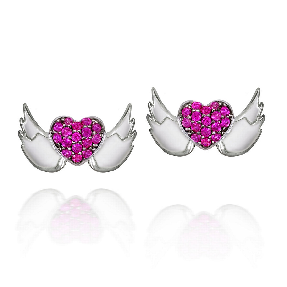 real effect ruby stone set heart with plain silver angel wing stud earrings