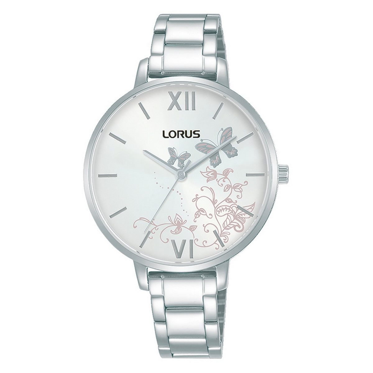 lorus quartz ladies stainless steel silver sunray patterened dial strap watch