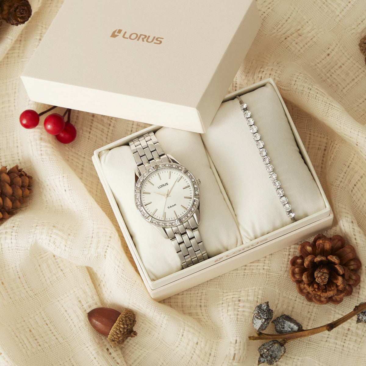 lorus ladies gift set - stainless steel silver dial watch & stone set slider bracelet