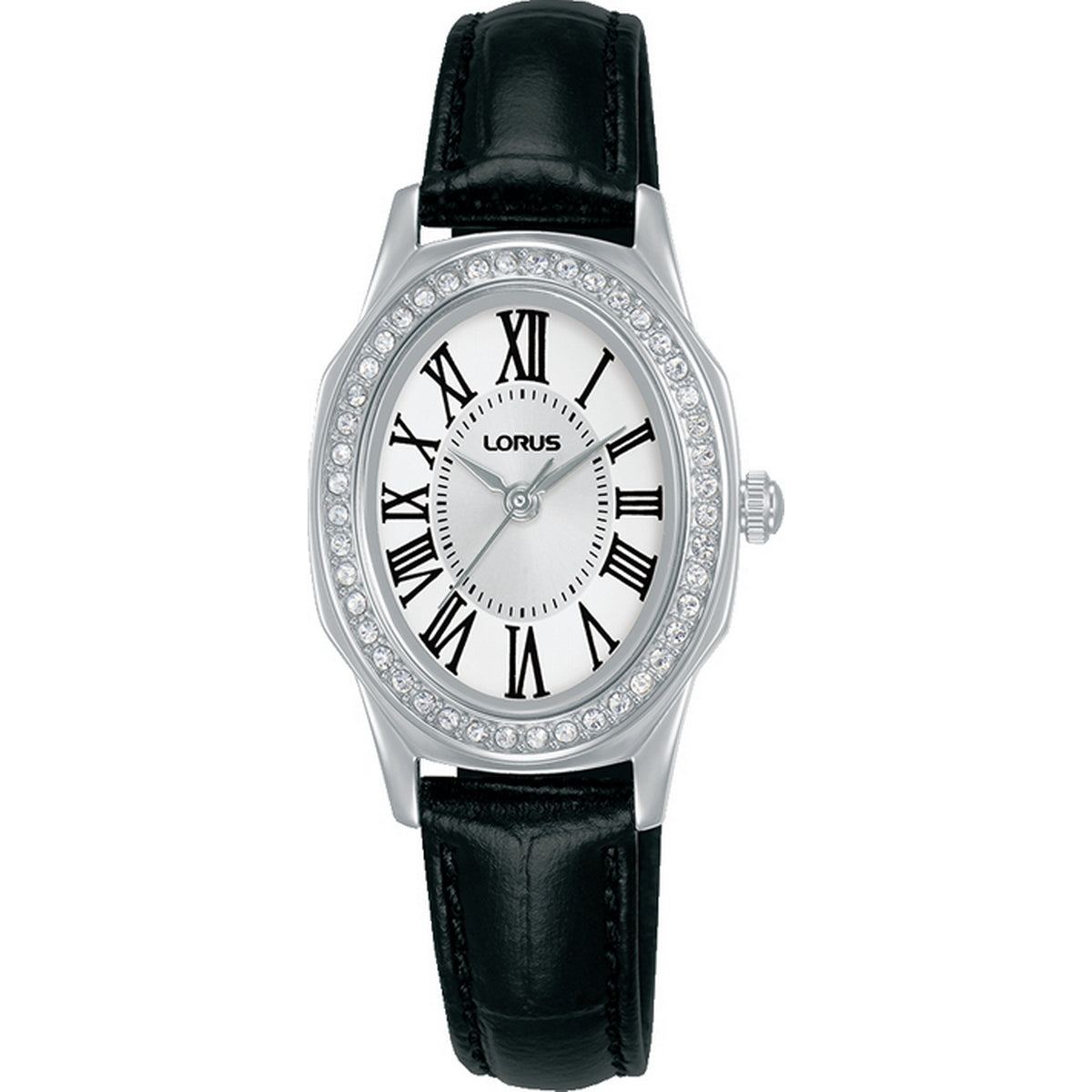 lorus quartz ladies stainless steel stone set black dial strap watch