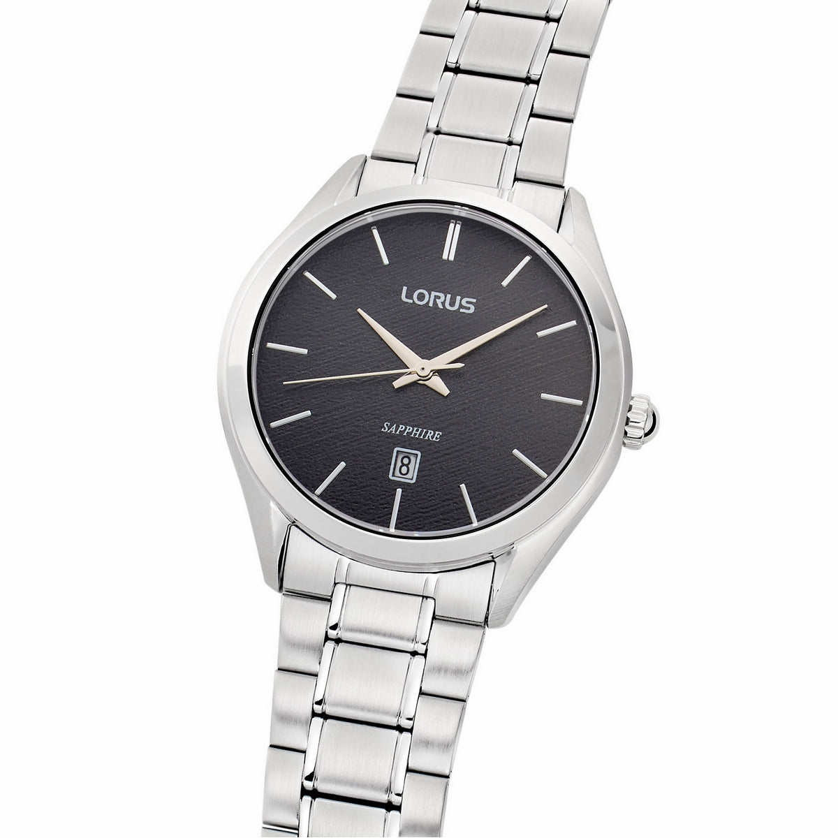 lorus quartz gents stainless steel black dial bracelet watch
