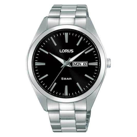 lorus quartz gents stainless steel black dial bracelet watch