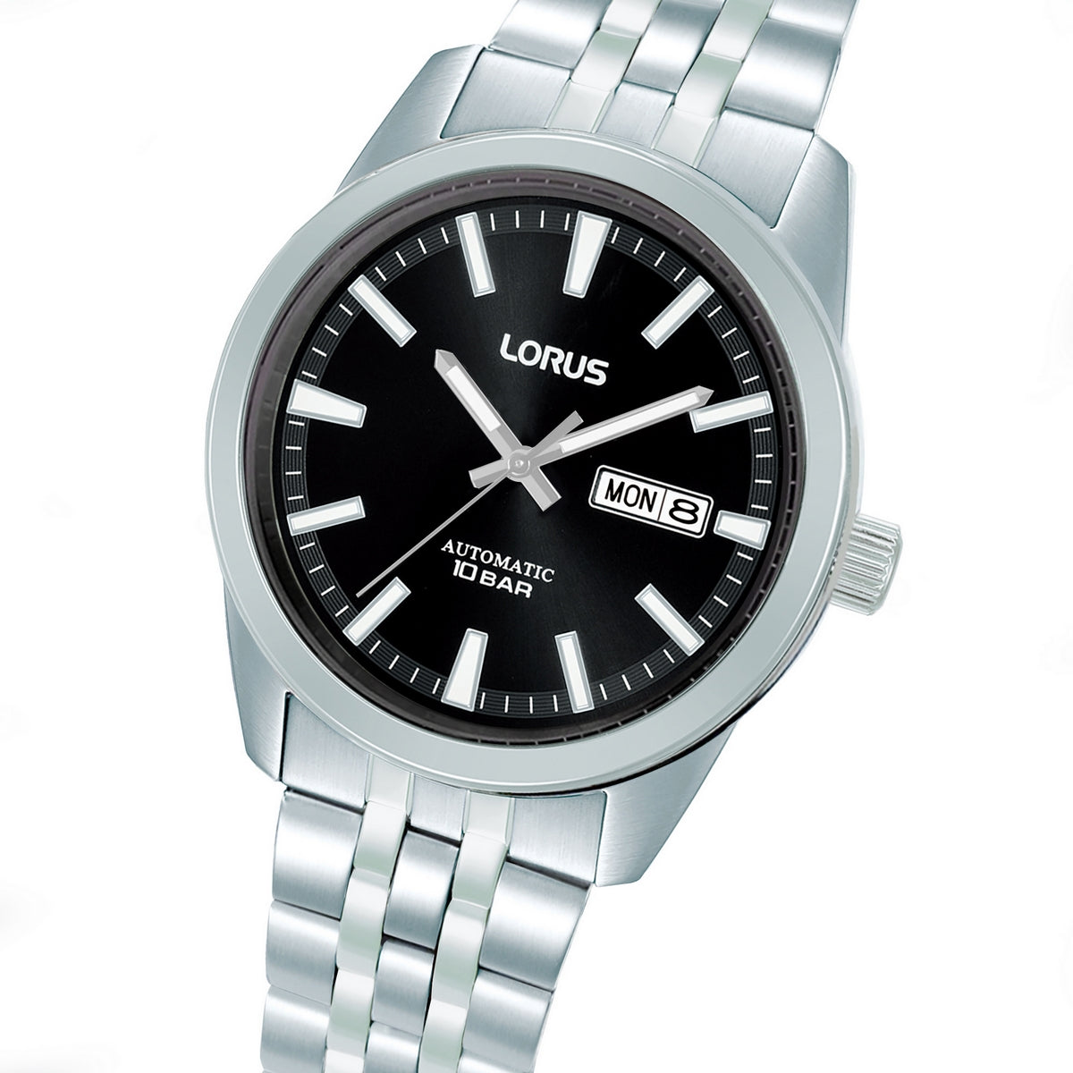 lorus automatic gents stainless steel black dial bracelet watch