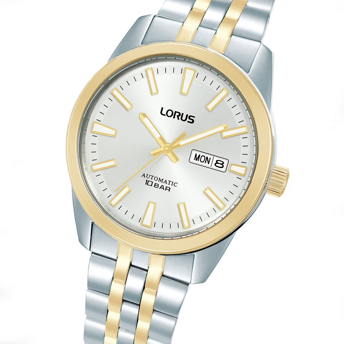 lorus automatic gents two tone white dial bracelet watch