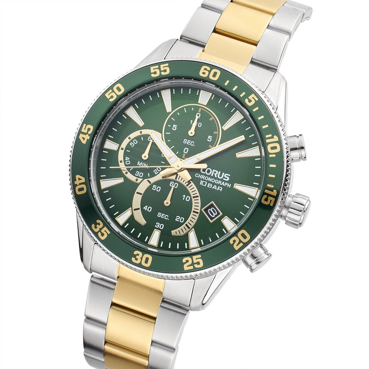 lorus chronograph gents two tone stainless steel green dial brcelet watch