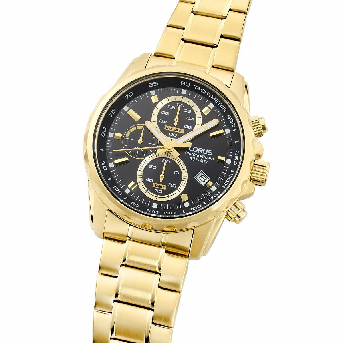 lorus quartz chronograph gents gold plated black dial bracelet watch