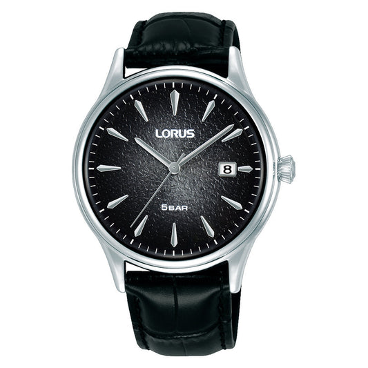 lorus quartz gents stainless steel black dial strap watch