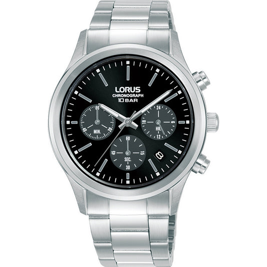 lorus quartz chronograph gents stainless steel black dial bracelet watch