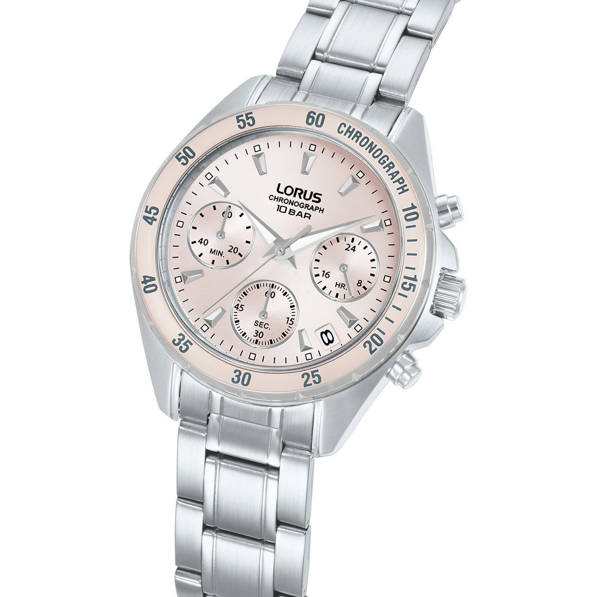 lorus quartz chronograph ladies stainless steel pink dial bracelet watch