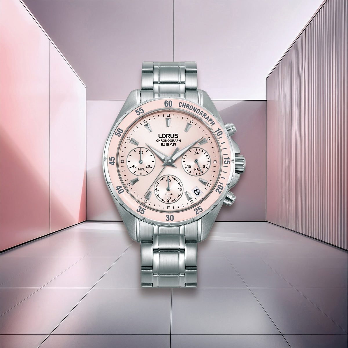 lorus quartz chronograph ladies stainless steel pink dial bracelet watch