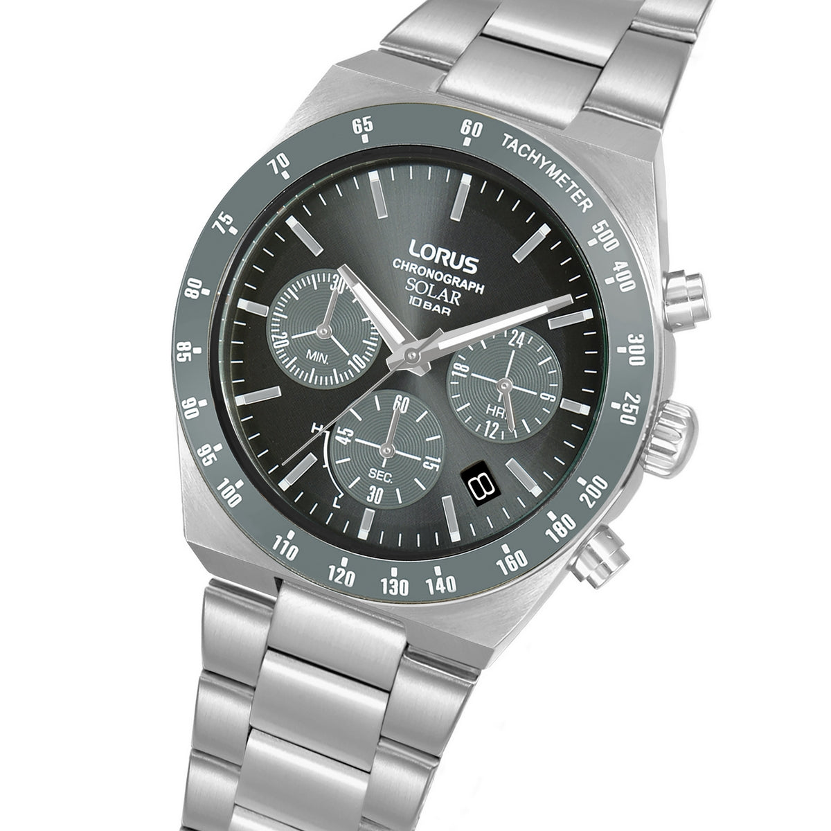 lorus solar chronograph gents stainless steel black dial bracelet watch