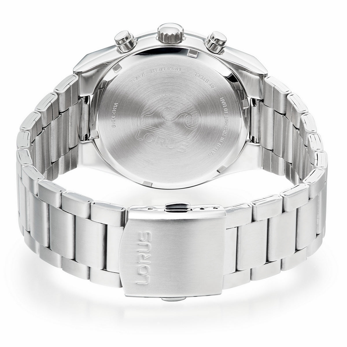 lorus solar chronograph gents stainless steel black dial bracelet watch