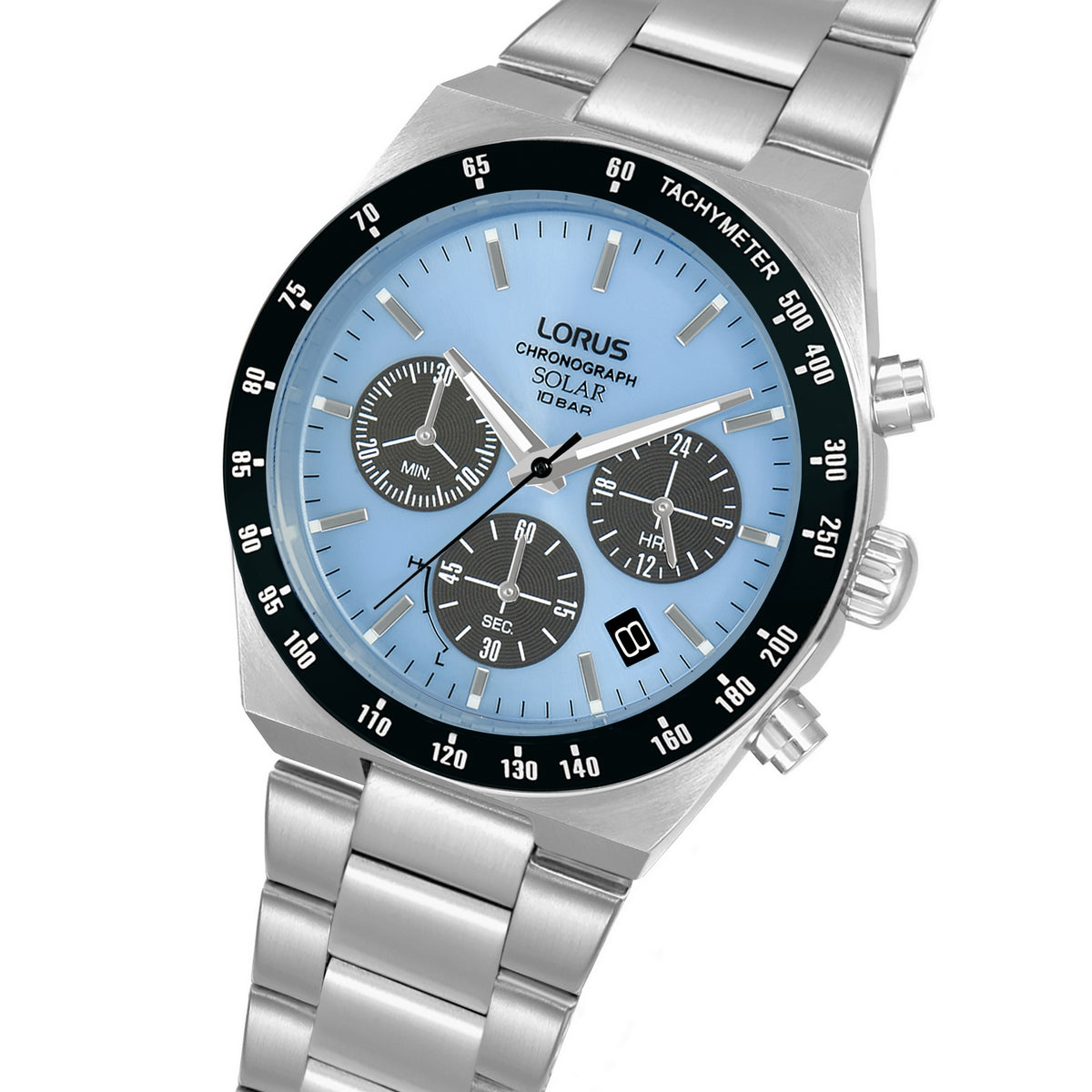 lorus solar chronograph gents stainless steel light blue dial bracelet watch