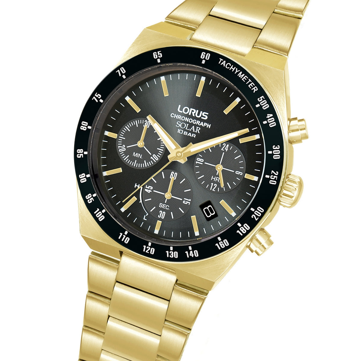 lorus solar chronograph gents gold plated black dial bracelet watch